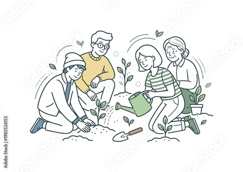 People caring for young greenery with one central figure kneeling to water plants while others support by loosening soil and