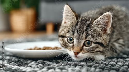 A hungry kitten eagerly eat...