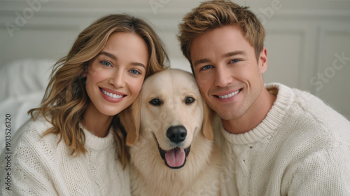 A happy family playing with their dog