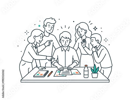 People collaborating on simple analytics with one central person arranging chart papers while others contribute by pointing and