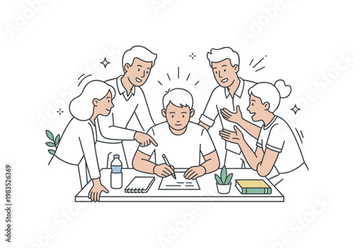 People collaborating on business planning with one central person arranging papers while others contribute by pointing and