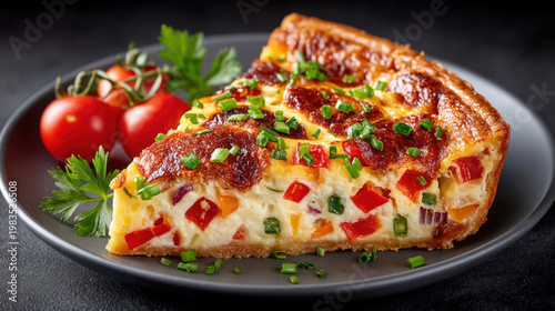 A slice of chicken and vege...