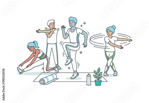 People gathered in a light wellness routine with one person at center lifting knees in place while others stretch legs and rotate