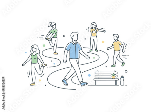 People enjoying daily mobility together with one central figure walking confidently while others stretch legs and roll shoulders