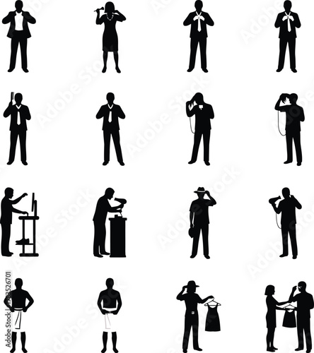 Professional Silhouettes of People Getting Ready, Dressing Up, and Personal Grooming Set