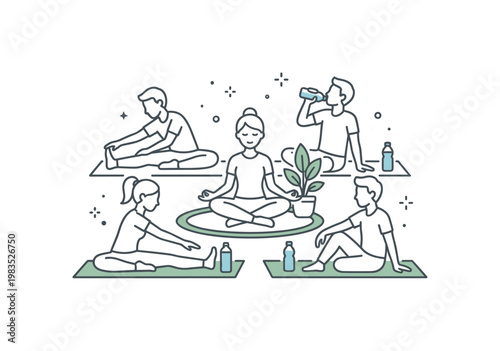People enjoying a shared wellness routine with one central person seated in meditation while others jog gently around in a loose