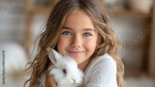 Child holding a fluffy whit...
