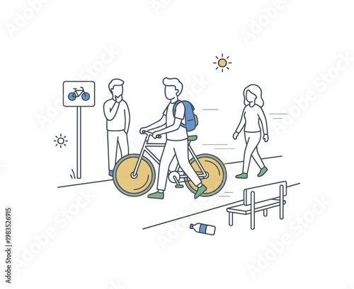 People moving across a bike lane in a calm moment with one person at center stepping forward while guiding a bicycle as others