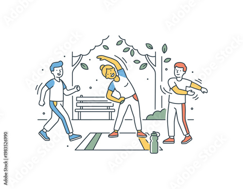 People enjoying a light park workout with one central figure bending sideways in a stretch while others walk in place and shake