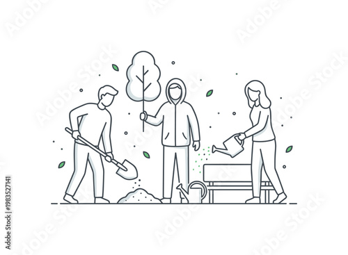 People collaborating in a shared outdoor effort with one central figure holding a small tree upright while others shovel soil and