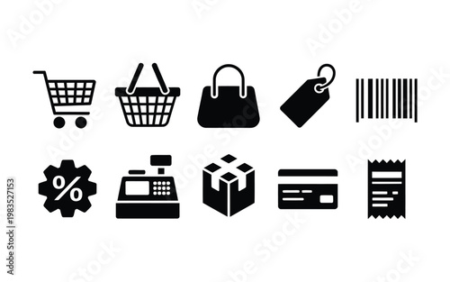 Black shopping icons depicting carts bags tags and payment methods