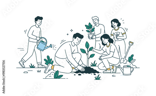 People collaborating on neighborhood planting with one person at center pressing soil around a sapling while others bring water