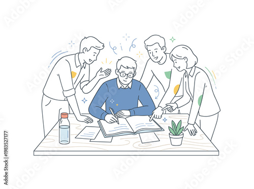 People engaged in a collaborative workshop preparation with one person at center writing on paper while others lean closer