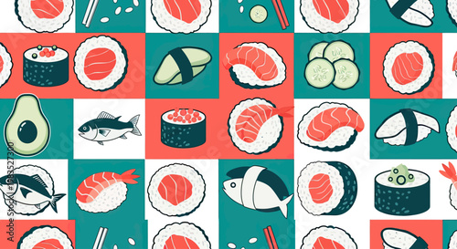 A vibrant collage of Japanese food, featuring fish, avocado, sushi rolls, and various seafood