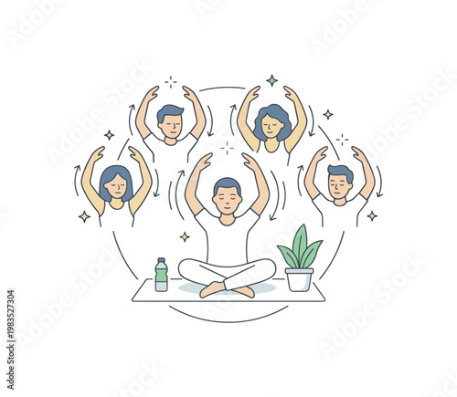 People sharing a peaceful breathing exercise with one person at center demonstrating slow inhale and exhale while others follow