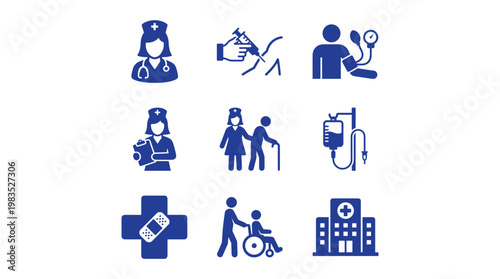 Healthcare Medical Pictogram Icon Set – Nurse, Injection, Blood Pressure, IV Drip, Hospital, Patient Care Symbols