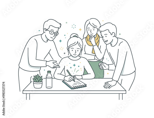 People sharing a productive desk moment with one central person writing ideas while others observe and gesture softly around in a