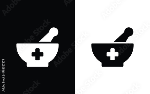 A contrasting pair of mortar and pestle icons representing duality