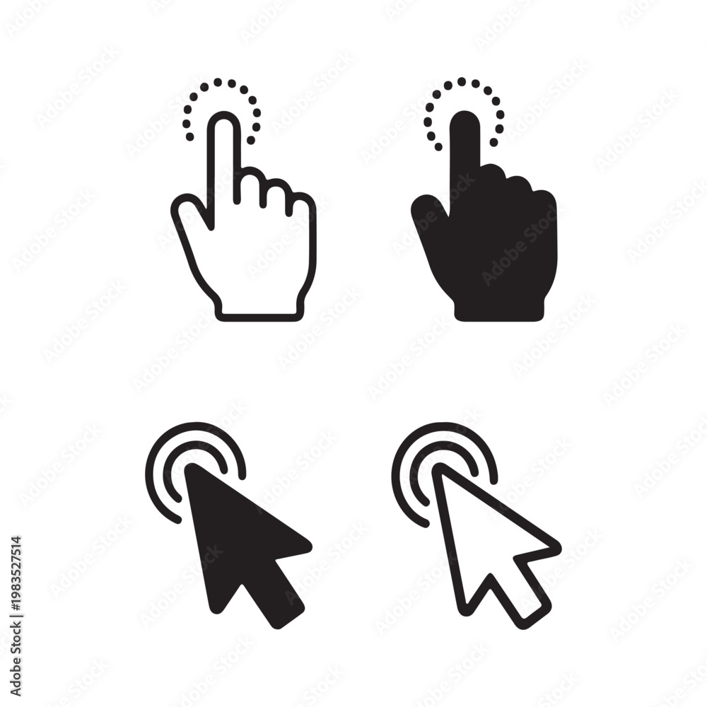 Obraz premium Four distinct hand gestures indicating touch or click actions ideal for user interfaces on transparent background