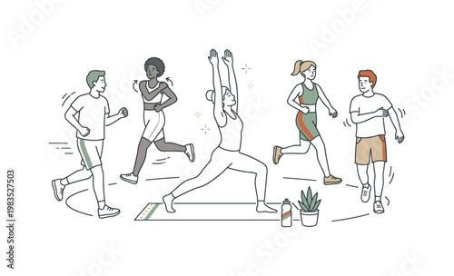 People sharing a balanced outdoor routine with one person at center raising arms in a yoga stretch while others jog gently and