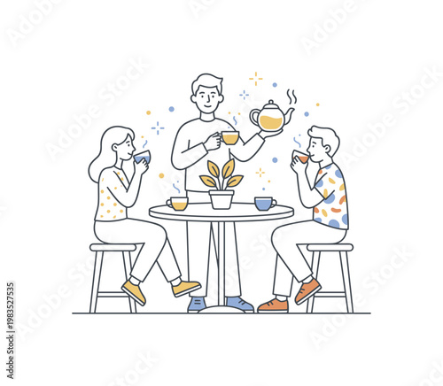 People sharing a warm tea moment together with one central person holding a teapot while others sit and sip tea around a small
