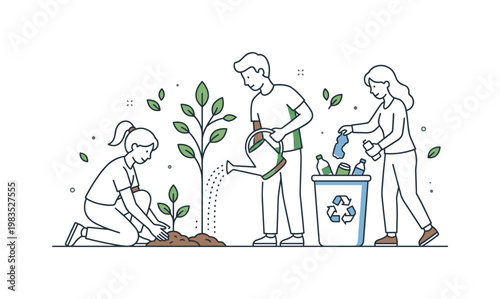 People sharing a sustainability routine with one central figure watering a newly planted plant while others drop recyclables into