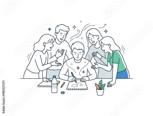 People engaged in a creative sketching session with one person at center drawing ideas on paper while others lean closer