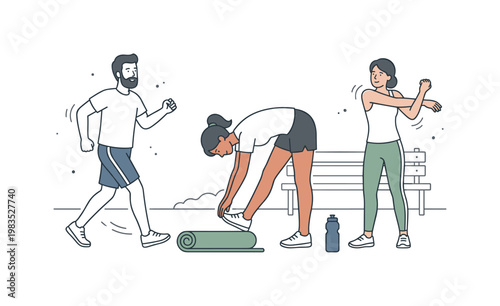 People gathered in a mindful activity with one person at center raising arms in a slow breathing stretch while others walk in