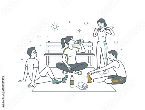 People taking a light break after exercise with one central person sitting and sipping water while others stretch legs and roll