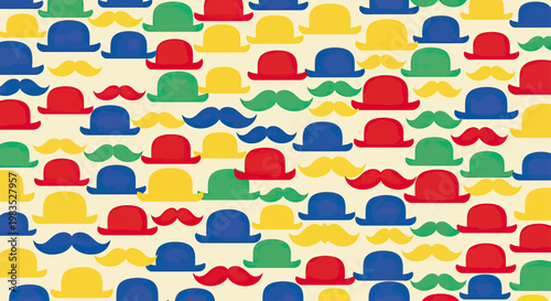 Flat, stylized bowler hats and mustaches in red, blue, green, and yellow fill the frame