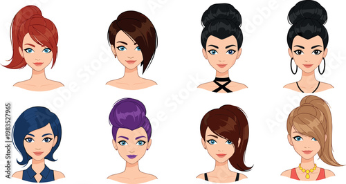 Stylish female avatar vector collection with modern hairstyles and diverse fashion looks featuring elegant women portraits isolated on white background