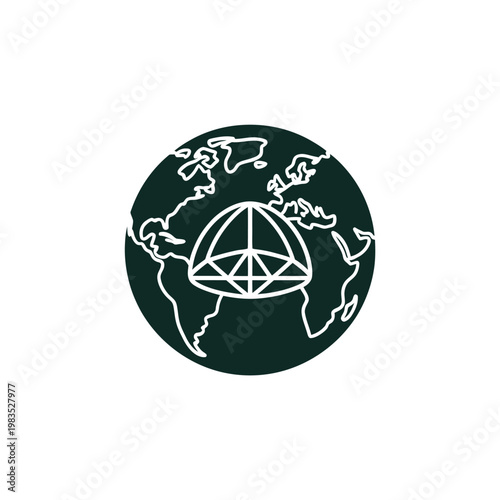 A stylized graphic depicting a world globe with a geodesic dome