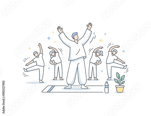 People gathered for a gentle warm up routine with one person at center raising arms and guiding the pace while others stretch legs