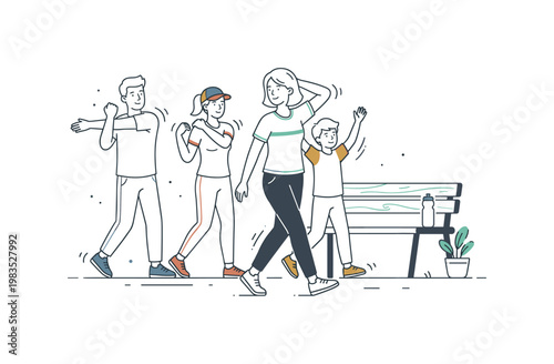 People enjoying a casual walk together with one central figure leading the way while others follow closely stretching arms and