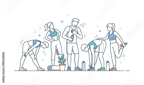 Runners gathered in a calm break with one person at center holding a bottle and catching breath while others bend forward