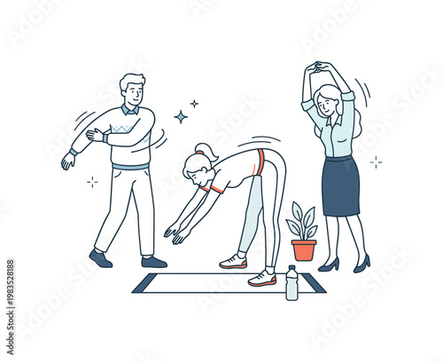 Small group sharing a short active break with one person at center reaching forward in a stretch while others loosen arms and