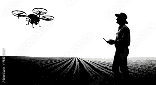 Drone Flying Over Agricultural Field at Sunset — Smart Farming Silhouette