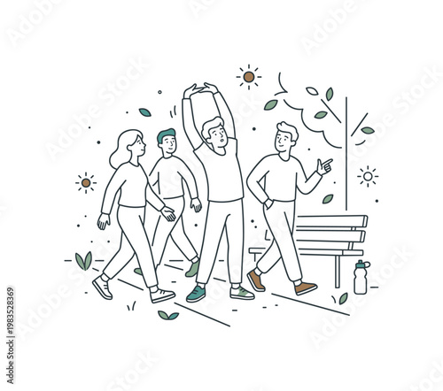 Diverse group of friends enjoying a leisurely walk and stretching in a park