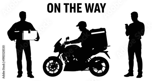 Delivery personnel with motorcycle and package against white background