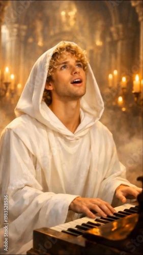 Young man plays piano in a candlelit room, dressed in white robe, with an expression of joy, surrounded by candles and historical architecture, during evening hours