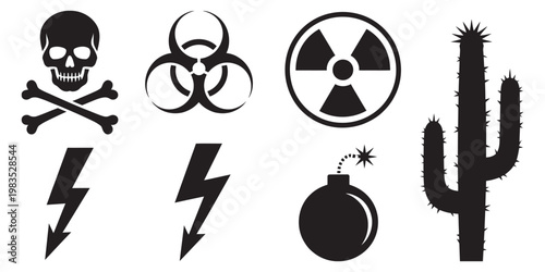 Minimalist black icon set, skull and crossbones biohazard radioactivity bomb cactus silhouette symbols, flat design vector collection