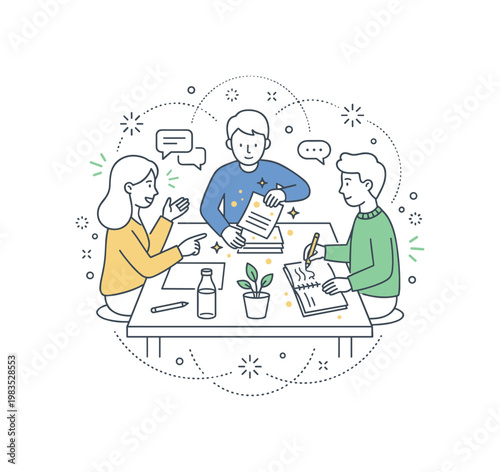 Casual study group at home with one central person organizing papers while others contribute by pointing and discussing ideas