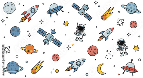 Astronauts in Space with Rockets Planets.