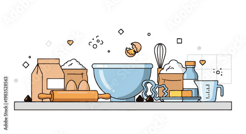 Baking ingredients on kitchen counter.