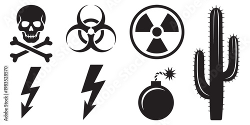 Minimalist black icon set, skull and crossbones biohazard radioactivity bomb cactus silhouette symbols, flat design vector collection