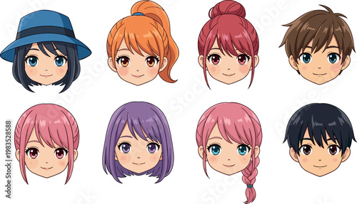 Anime style character faces vector set with diverse hairstyles and expressions featuring cute male and female avatars isolated on white