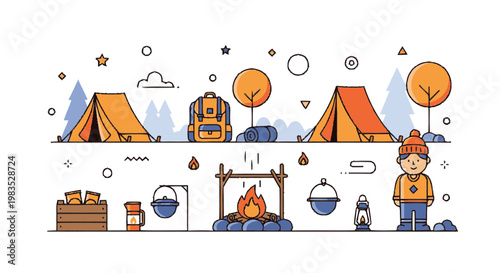 Cartoon man in camping gear standing.