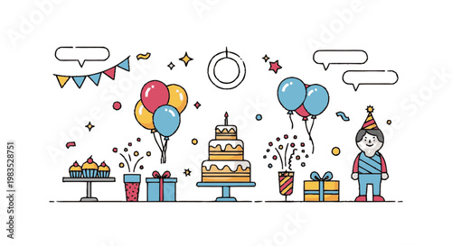 Cartoon woman wearing party hat standing.