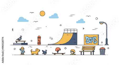 Children Playing Skateboard Park Outdoors.