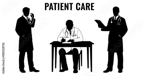 Doctors in silhouette during patient care with stethoscope and clipboard for medical concepts